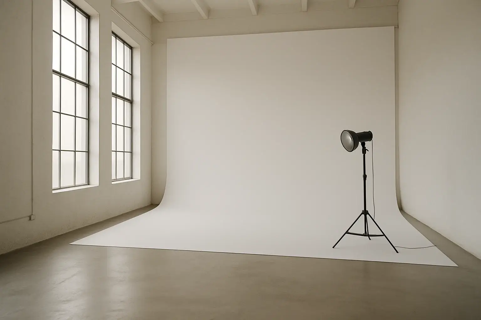 Wide view of minimalist photo studio